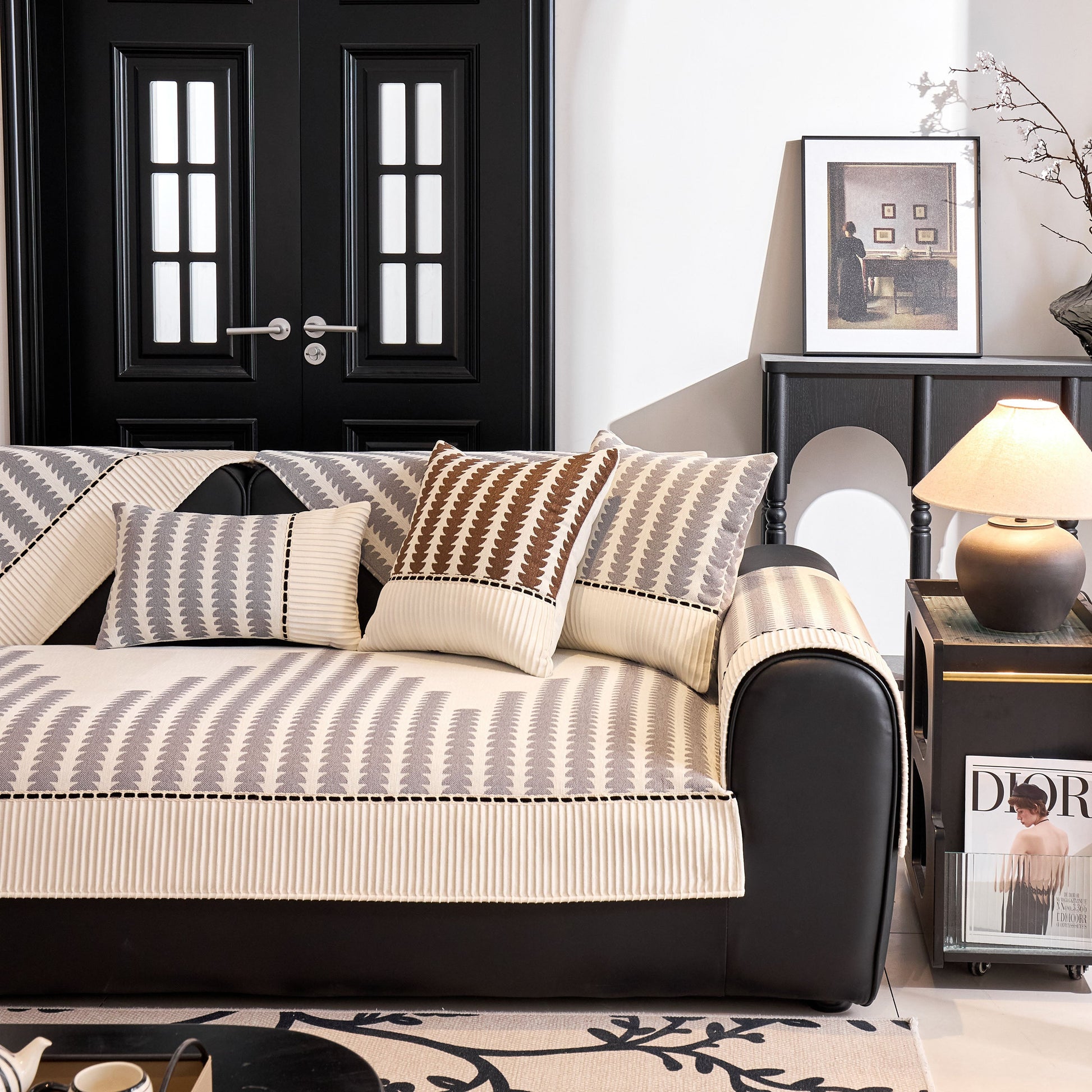 Vertical Stripes Sectional Sofa Cover Slipcover - Non-Slip, Fits L-Shape Couches on black and cream modern sofa setting
