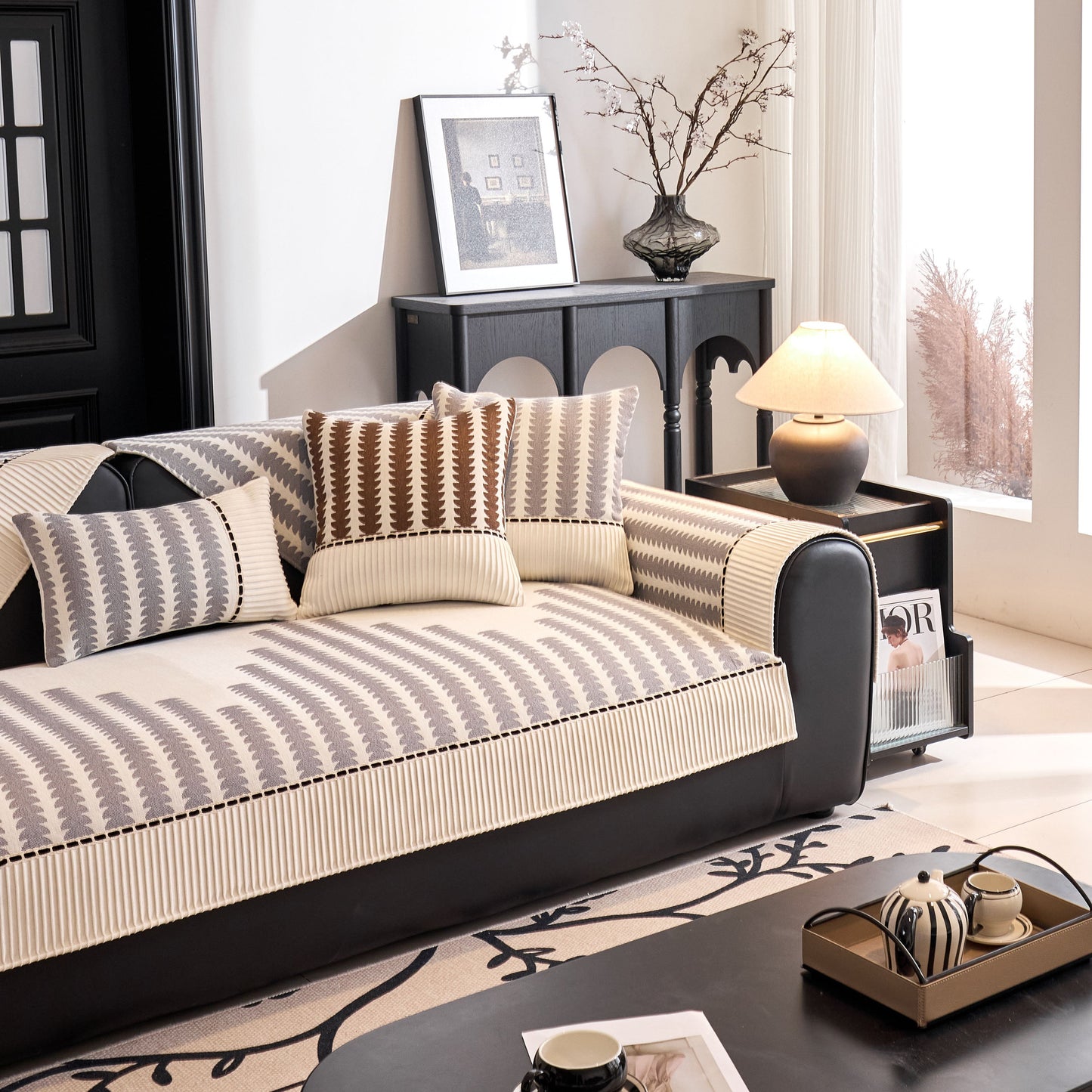 Vertical Stripes Sectional Sofa Cover Slipcover - Non-Slip, Fits L-Shape Couches in a modern living room setting
