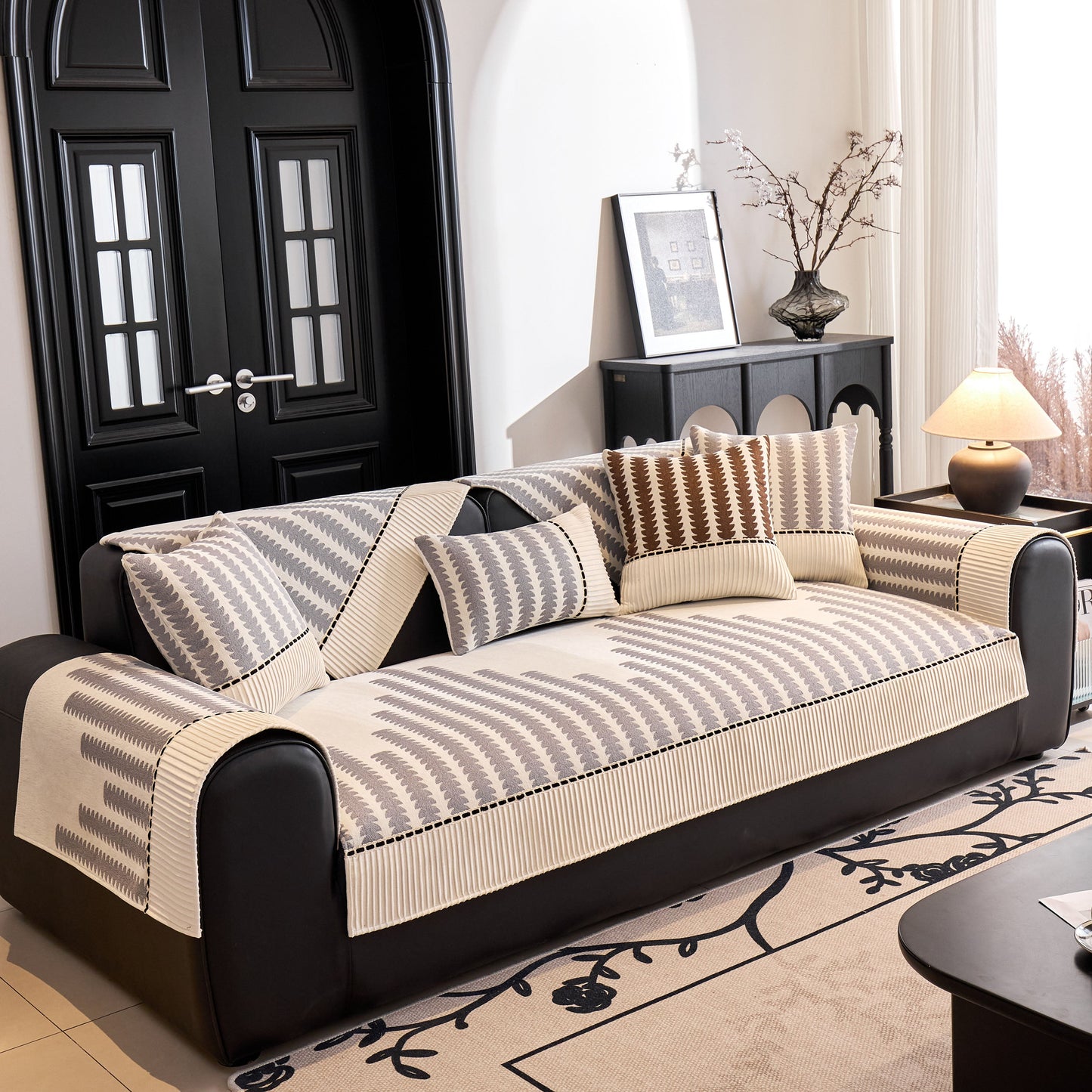 Vertical Stripes Sectional Sofa Cover Slipcover - Non-Slip, Fits L-Shape Couches in modern living room