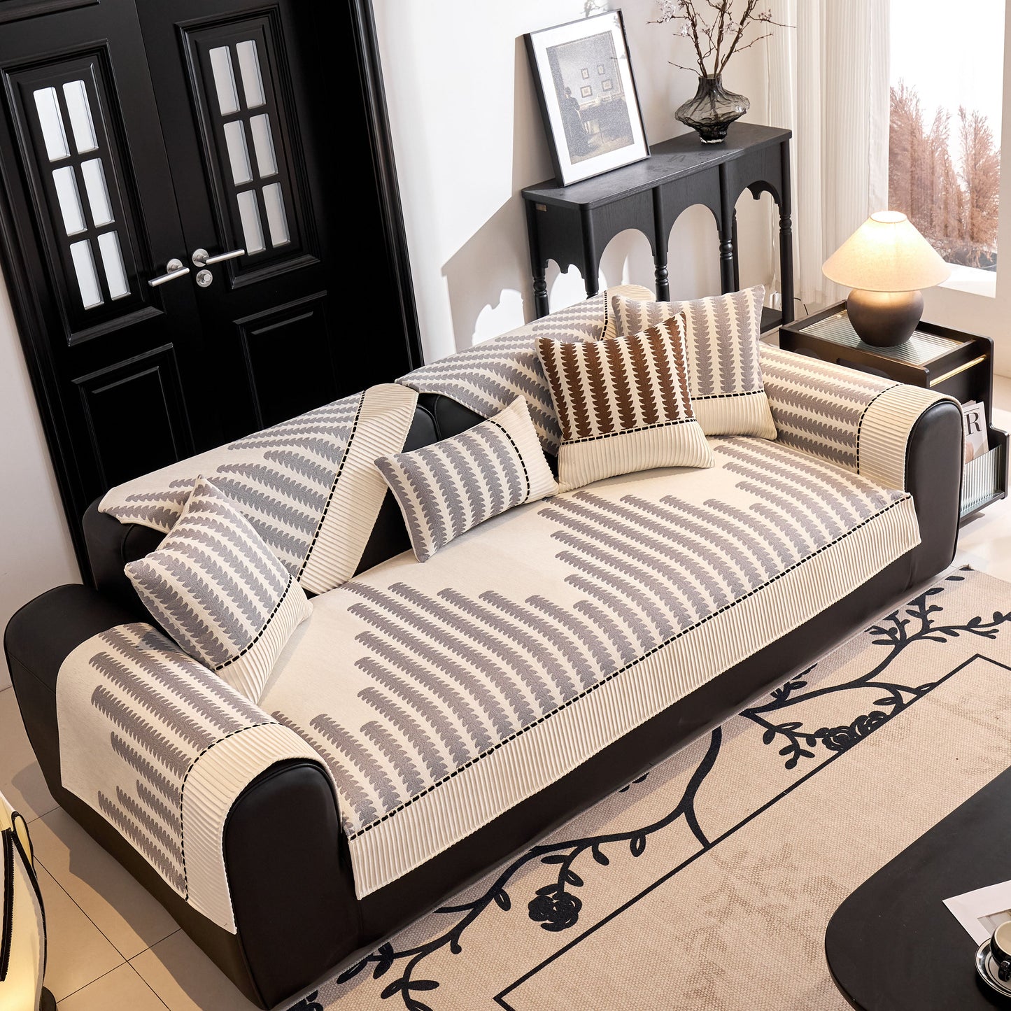 Vertical Stripes Sectional Sofa Cover Slipcover - Non-Slip, Fits L-Shape Couches with geometric pattern in modern living room.