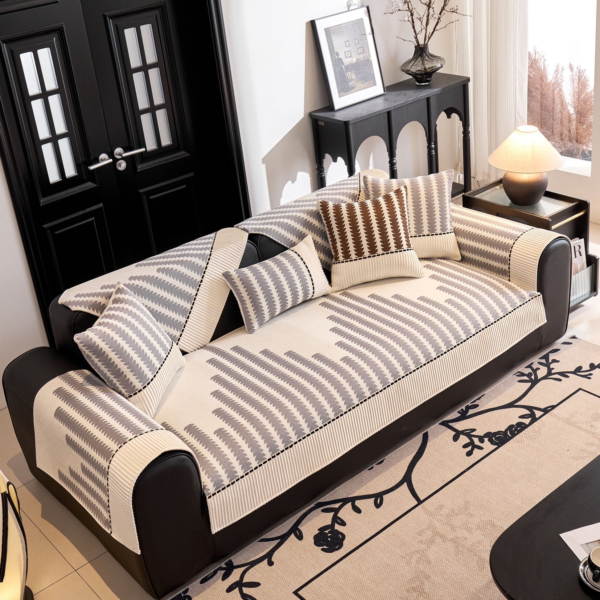 Vertical Stripes Sectional Sofa Cover Slipcover - Non-Slip, Fits L-Shape Couches with geometric pattern in modern living room.