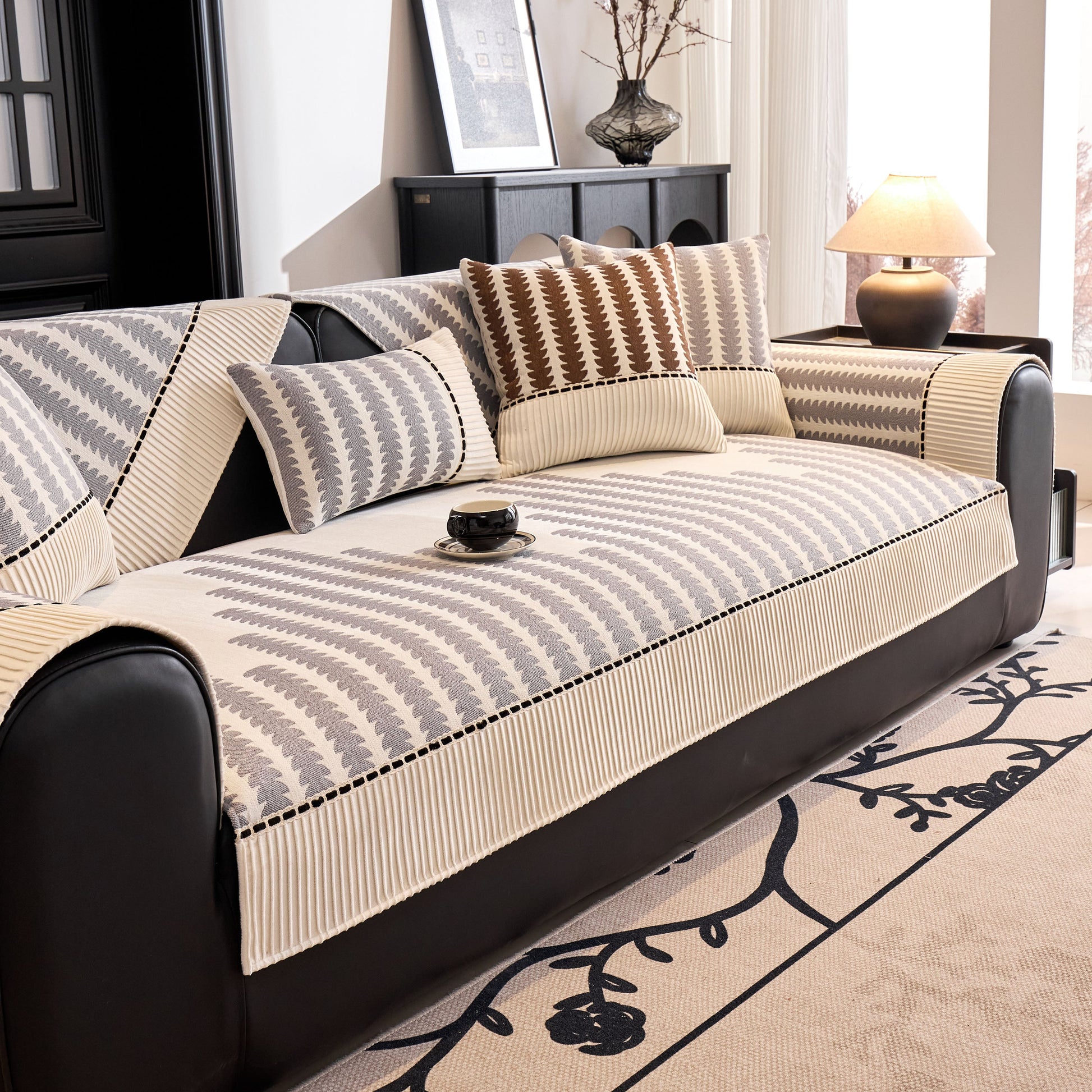 Vertical Stripes Sectional Sofa Cover Slipcover - Non-Slip, Fits L-Shape Couches with geometric pattern on black sofa