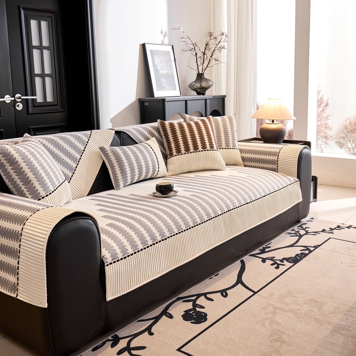 Vertical Stripes Sectional Sofa Cover Slipcover - Non-Slip, Fits L-Shape Couches displayed on a modern sofa in a living room setting.