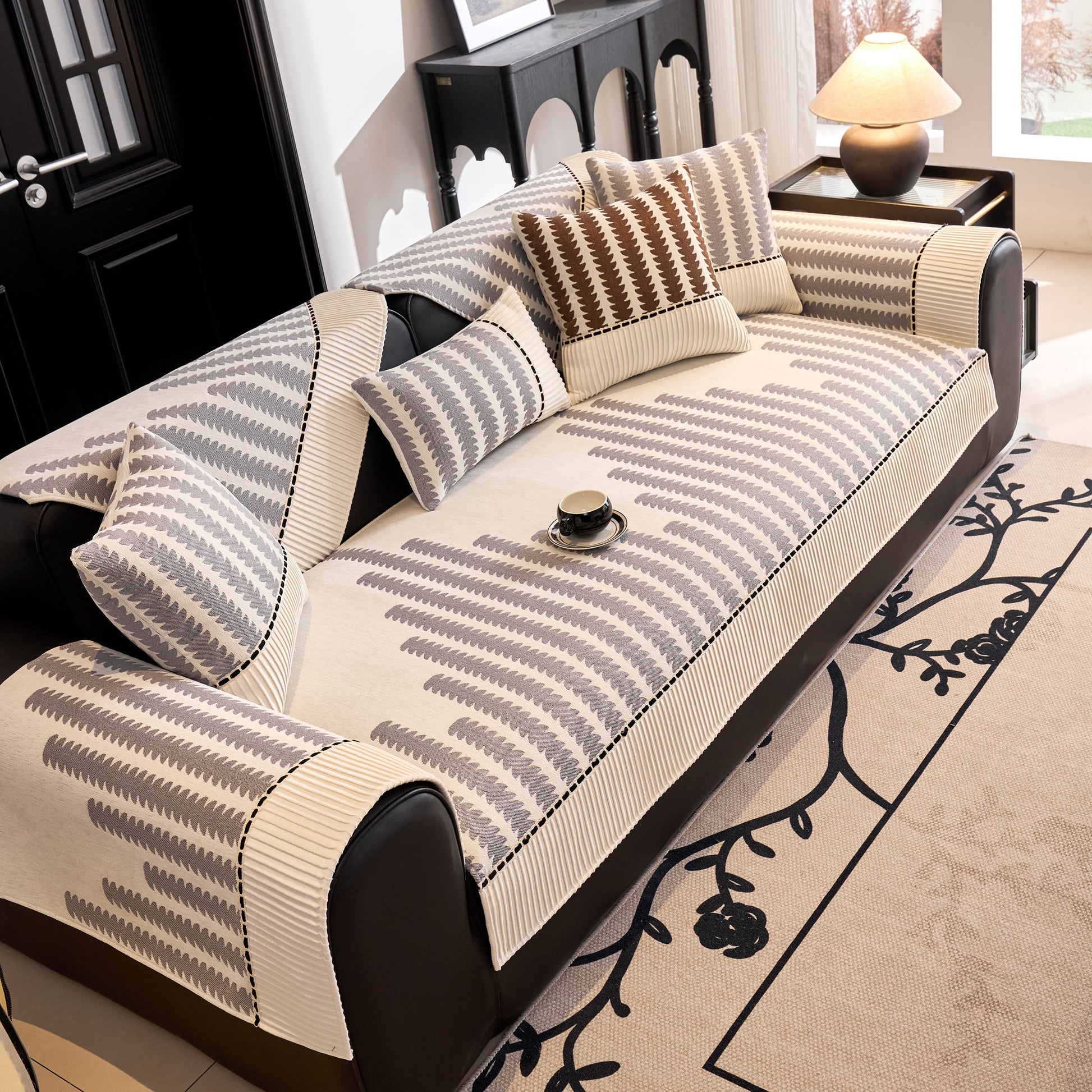 Vertical Stripes Sectional Sofa Cover Slipcover - Non-Slip, Fits L-Shape Couches on a sofa in a living room setting