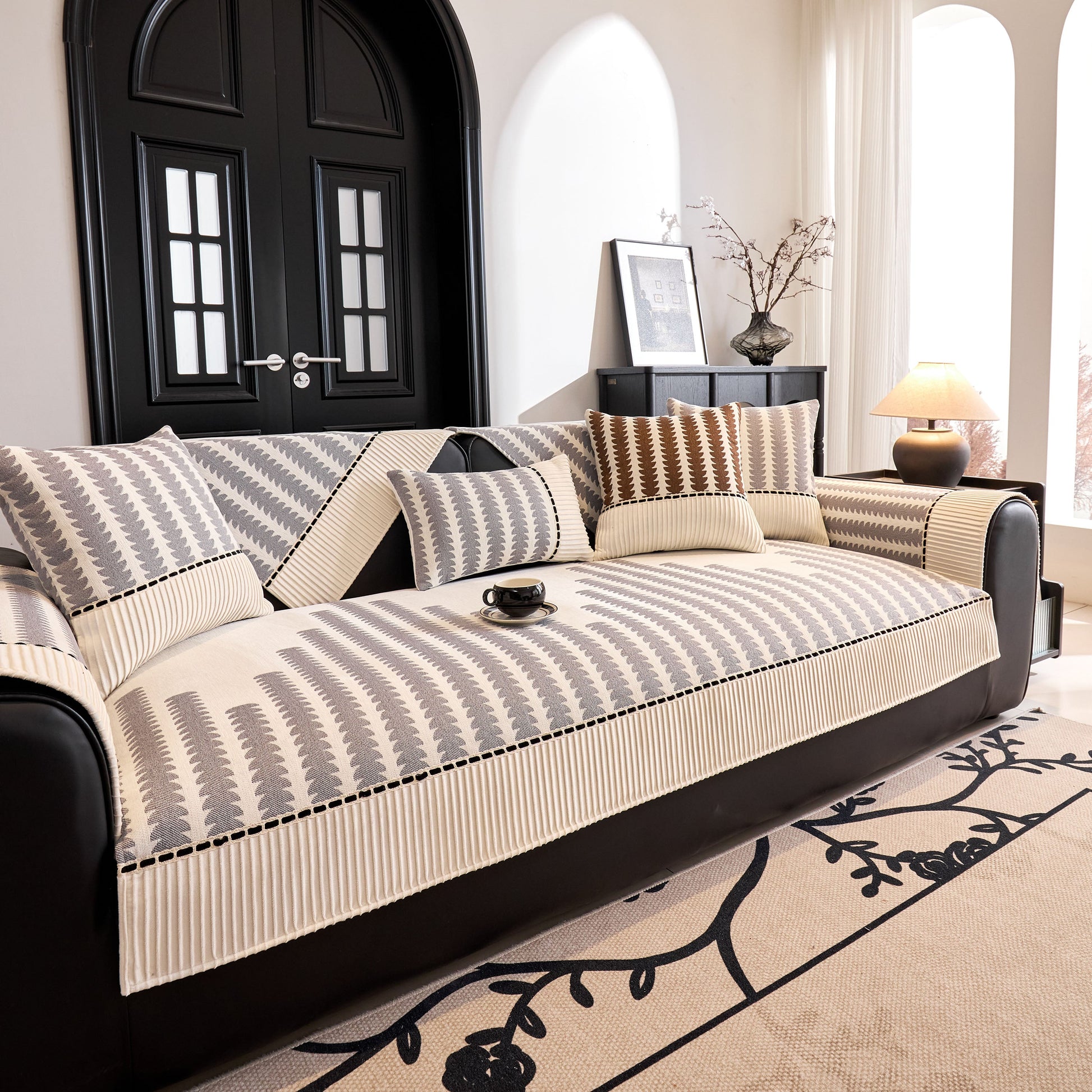 Vertical Stripes Sectional Sofa Cover Slipcover - Non-Slip, Fits L-Shape Couches in modern geometric pattern on a sectional sofa
