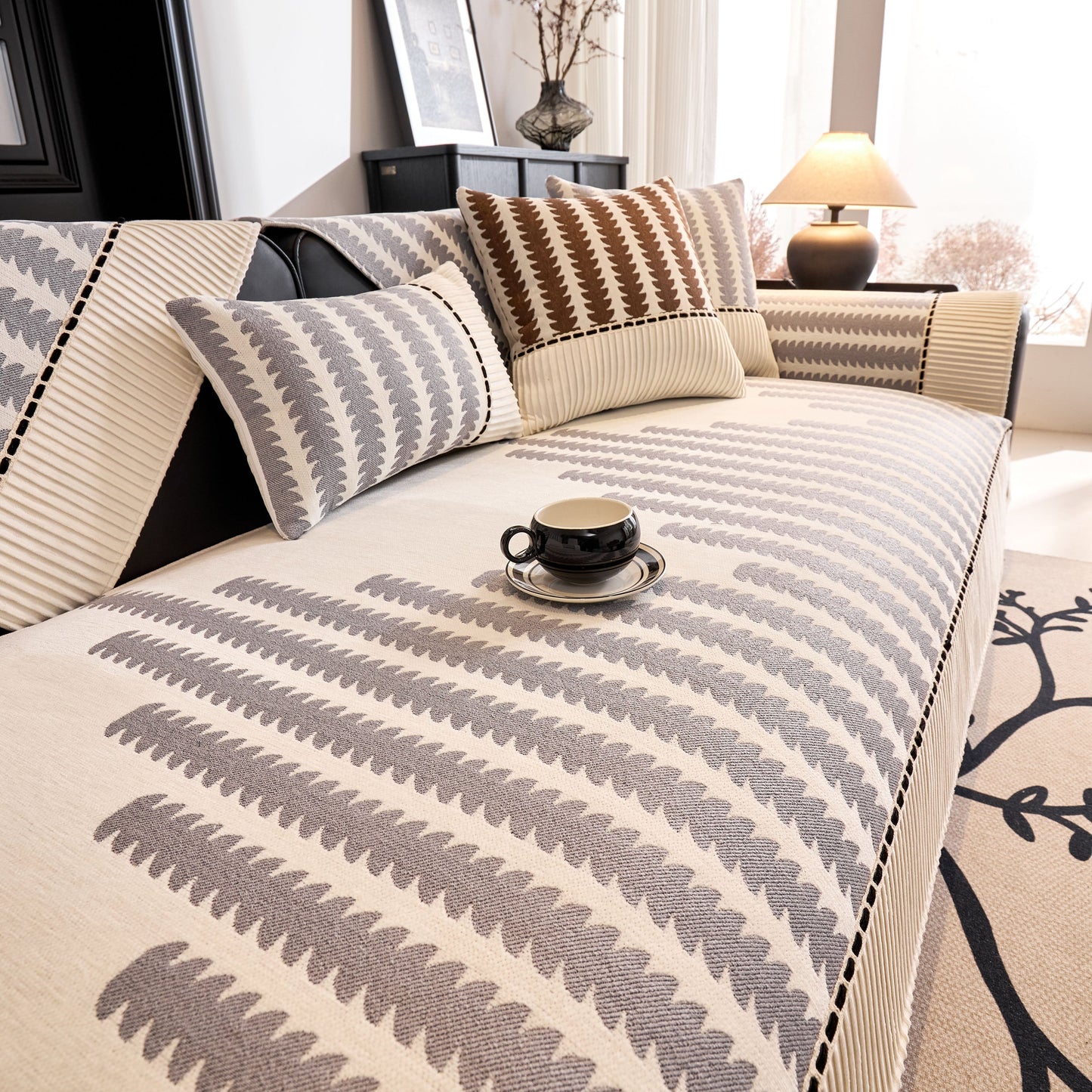 Vertical Stripes Sectional Sofa Cover Slipcover - Non-Slip, Fits L-Shape Couches with modern geometric pattern and chenille fabric.