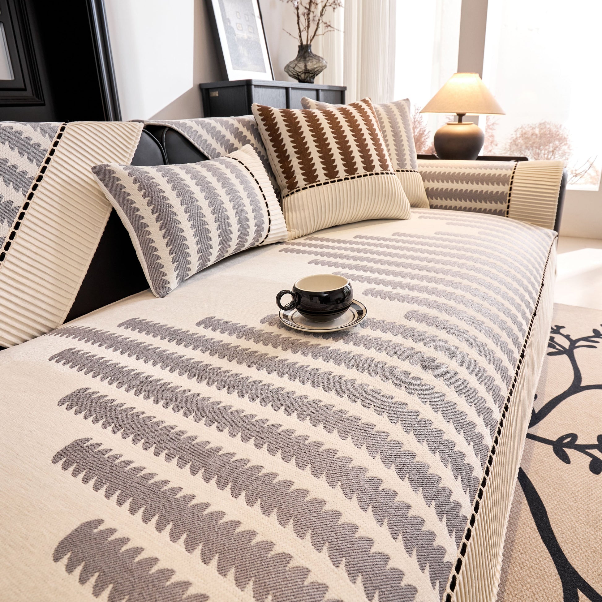 Vertical Stripes Sectional Sofa Cover Slipcover - Non-Slip, Fits L-Shape Couches with modern geometric pattern and chenille fabric.