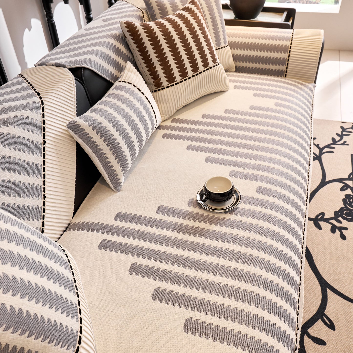 Vertical Stripes Sectional Sofa Cover Slipcover - Non-Slip, Fits L-Shape Couches with geometric pattern and textured chenille fabric