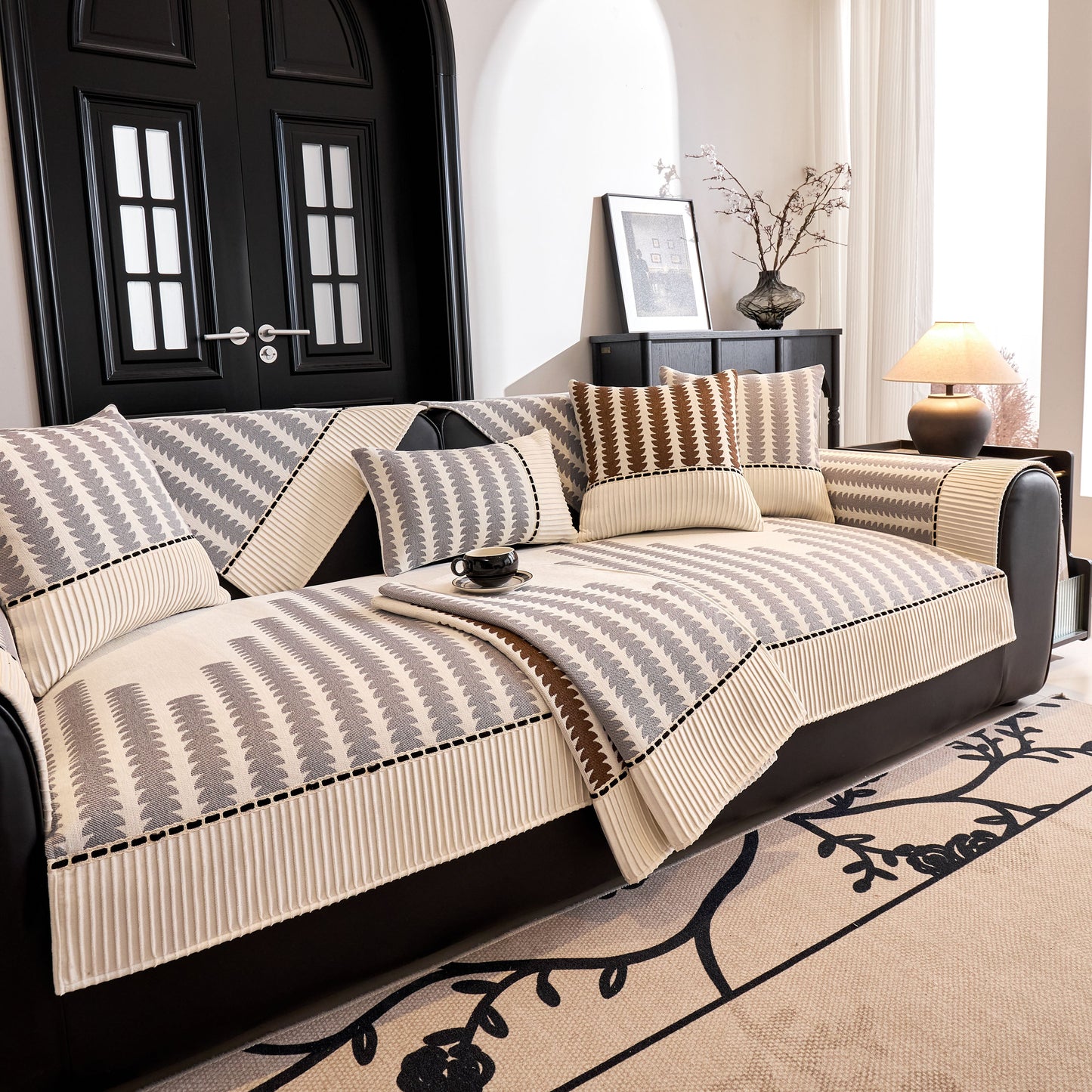 Vertical Stripes Sectional Sofa Cover Slipcover - Non-Slip, Fits L-Shape Couches in modern living room setting.