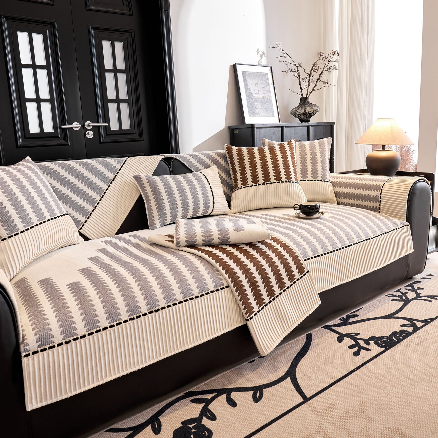 Vertical Stripes Sectional Sofa Cover Slipcover - Non-Slip, Fits L-Shape Couches with geometric pattern and chenille fabric