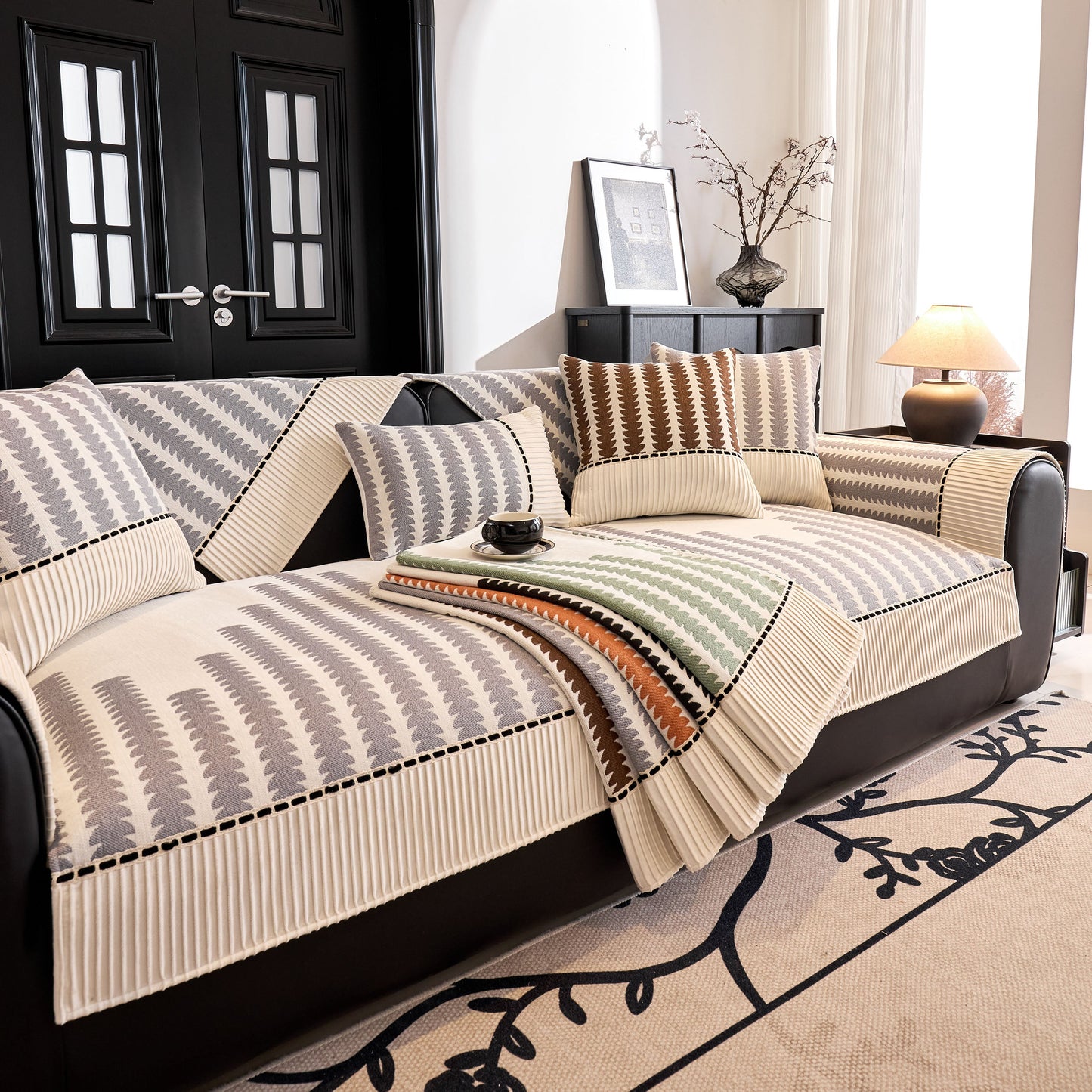 Vertical Stripes Sectional Sofa Cover Slipcover - Non-Slip, Fits L-Shape Couches in geometric pattern on a stylish sofa