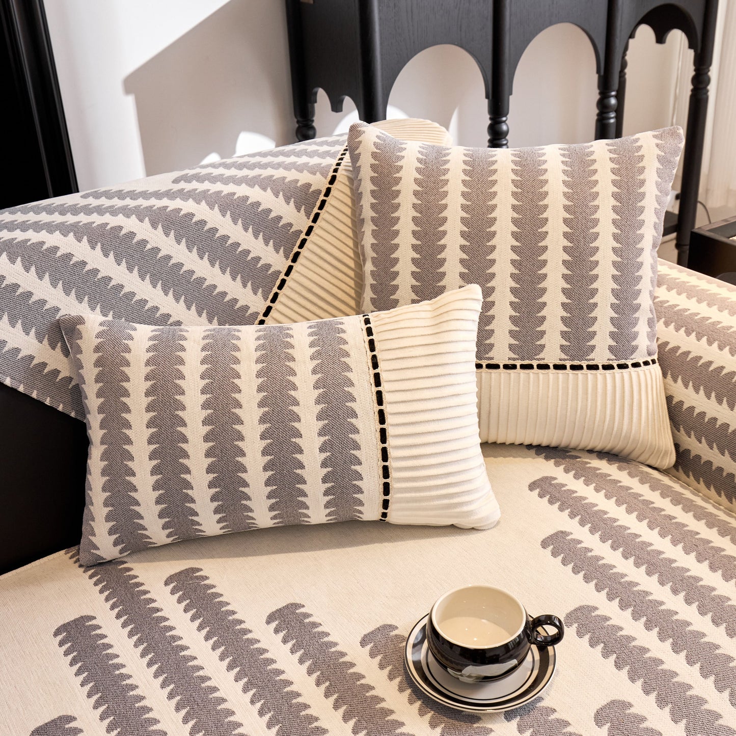 Vertical Stripes Sectional Sofa Cover Slipcover - Non-Slip, Fits L-Shape Couches. Modern chenille fabric with geometric pattern.
