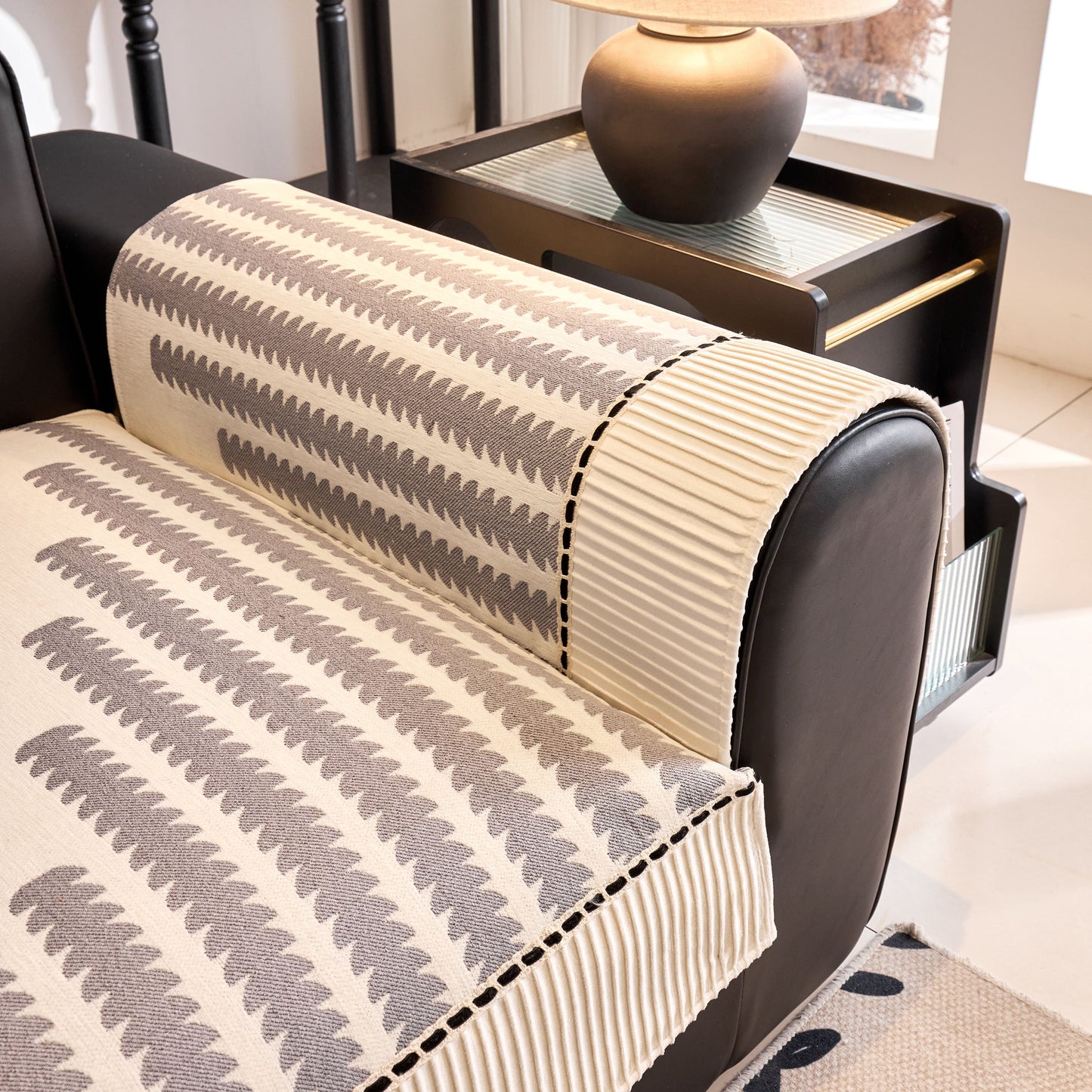 Vertical Stripes Sectional Sofa Cover Slipcover - Non-Slip, Fits L-Shape Couches on a modern geometric pattern sofa.