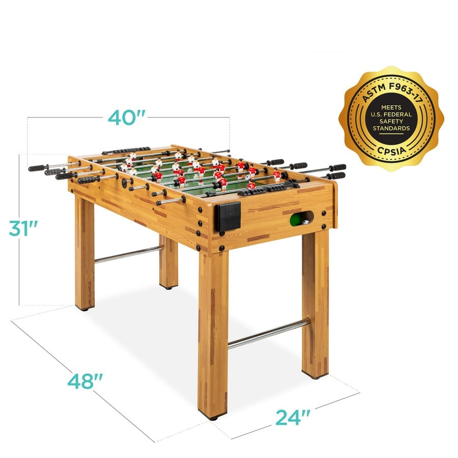 Competition Arcade Waist Height Foosball Table with dimensions and safety certification badge