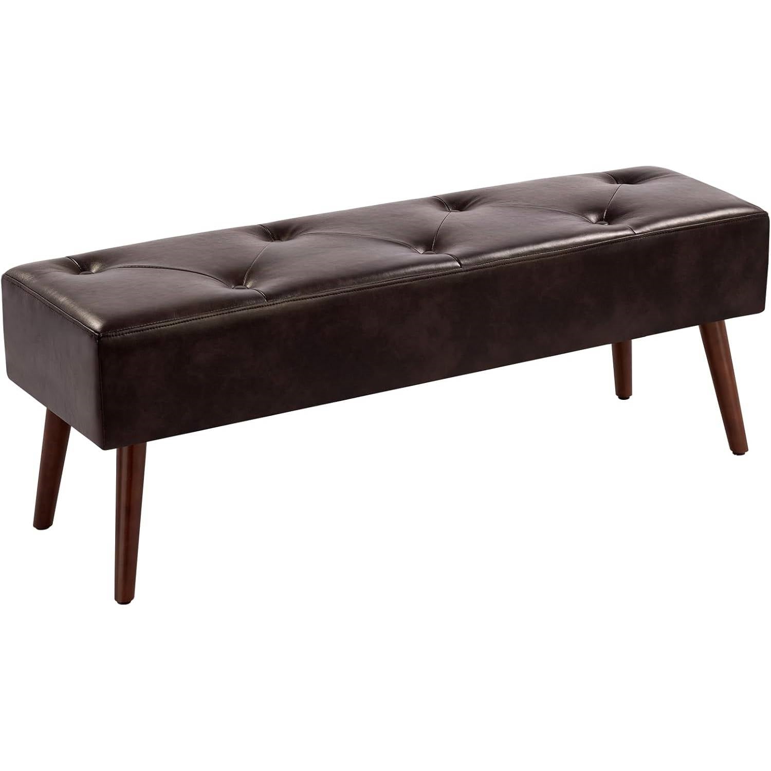 Mid-Century Bed Bench with Dark Brown Leather Upholstered Seat Solid Wood Legs providing comfort and style for your bedroom.