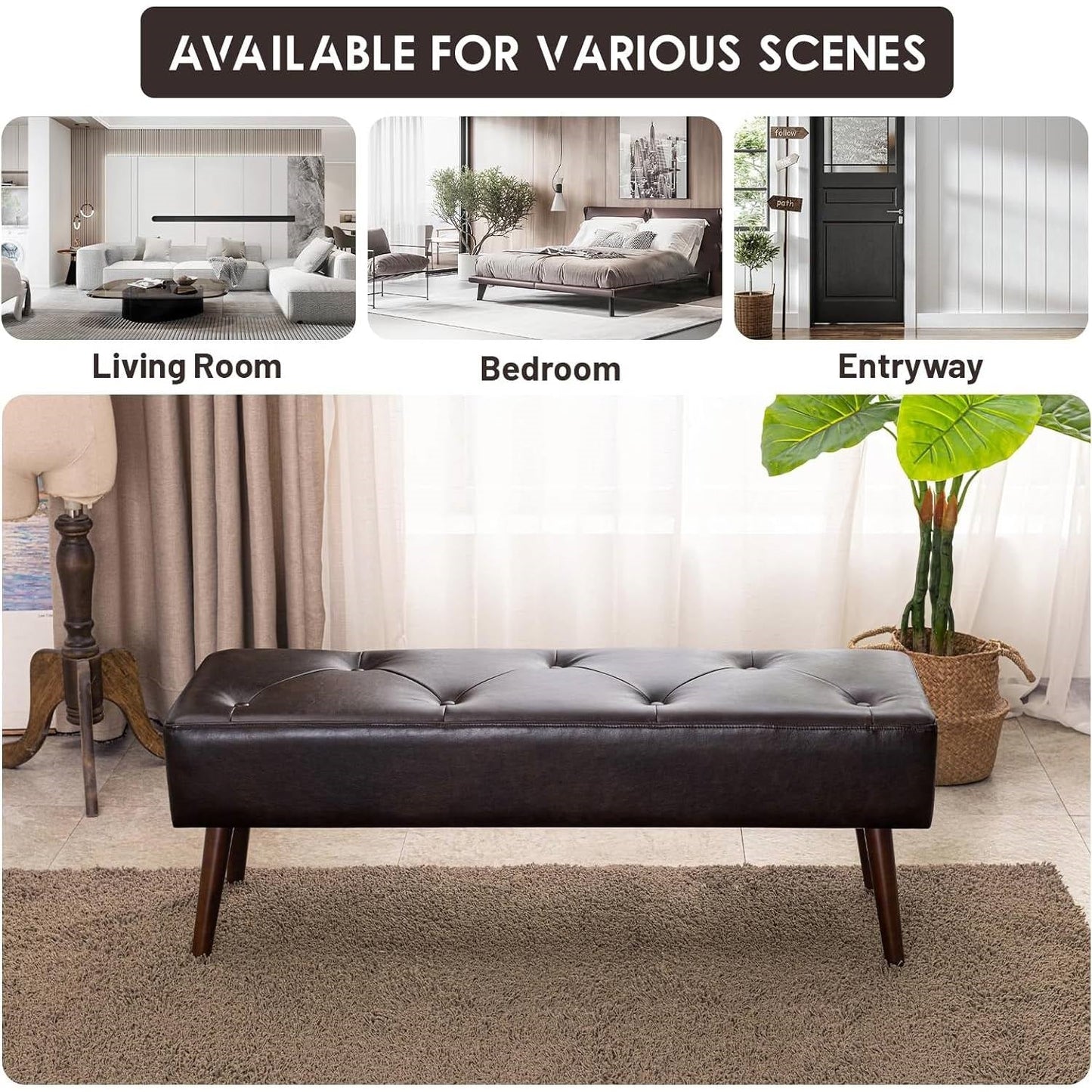 Mid-Century Bed Bench with Dark Brown Leather Upholstered Seat Solid Wood Legs in living room, bedroom, and entryway settings.