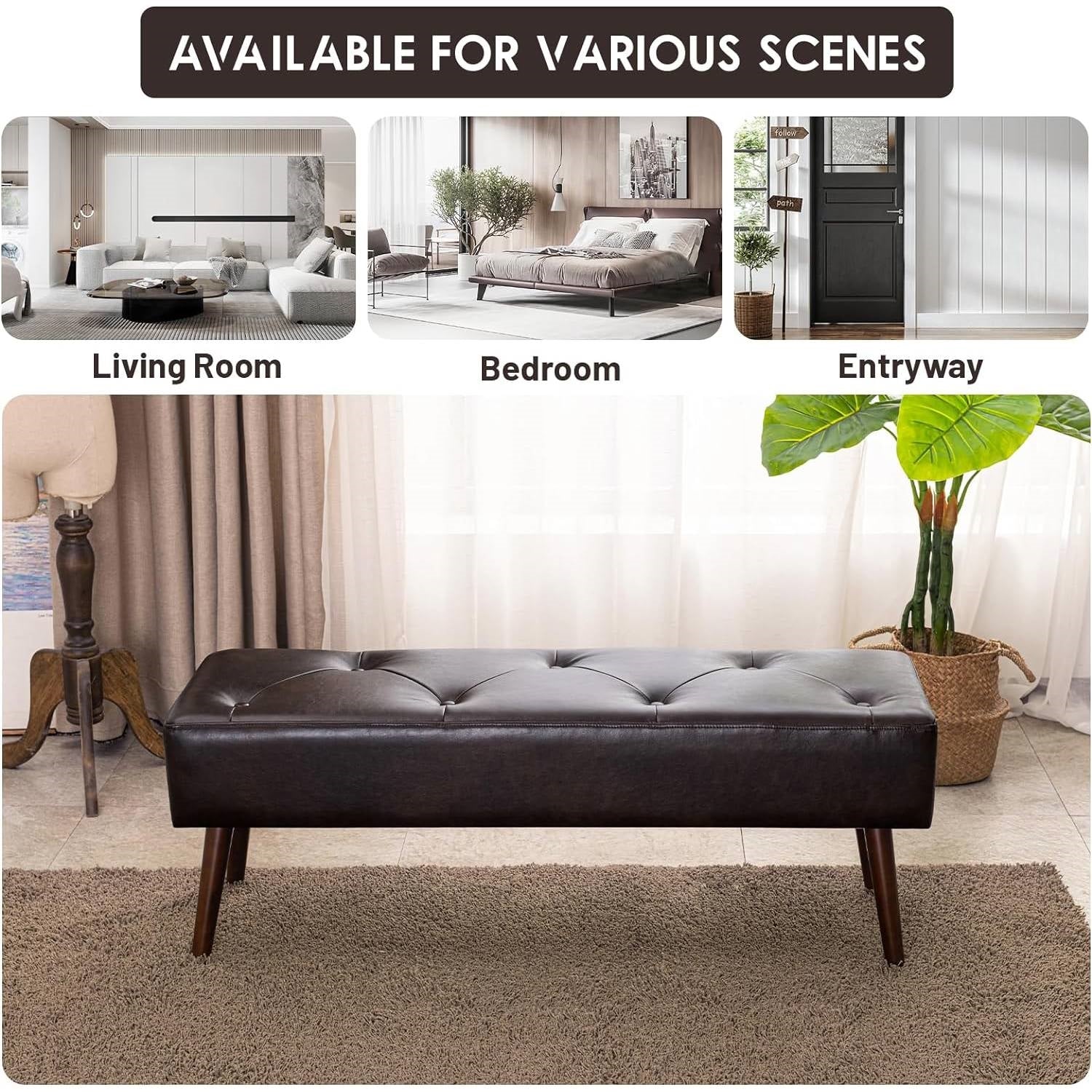 Mid-Century Bed Bench with Dark Brown Leather Upholstered Seat Solid Wood Legs in living room, bedroom, and entryway settings.