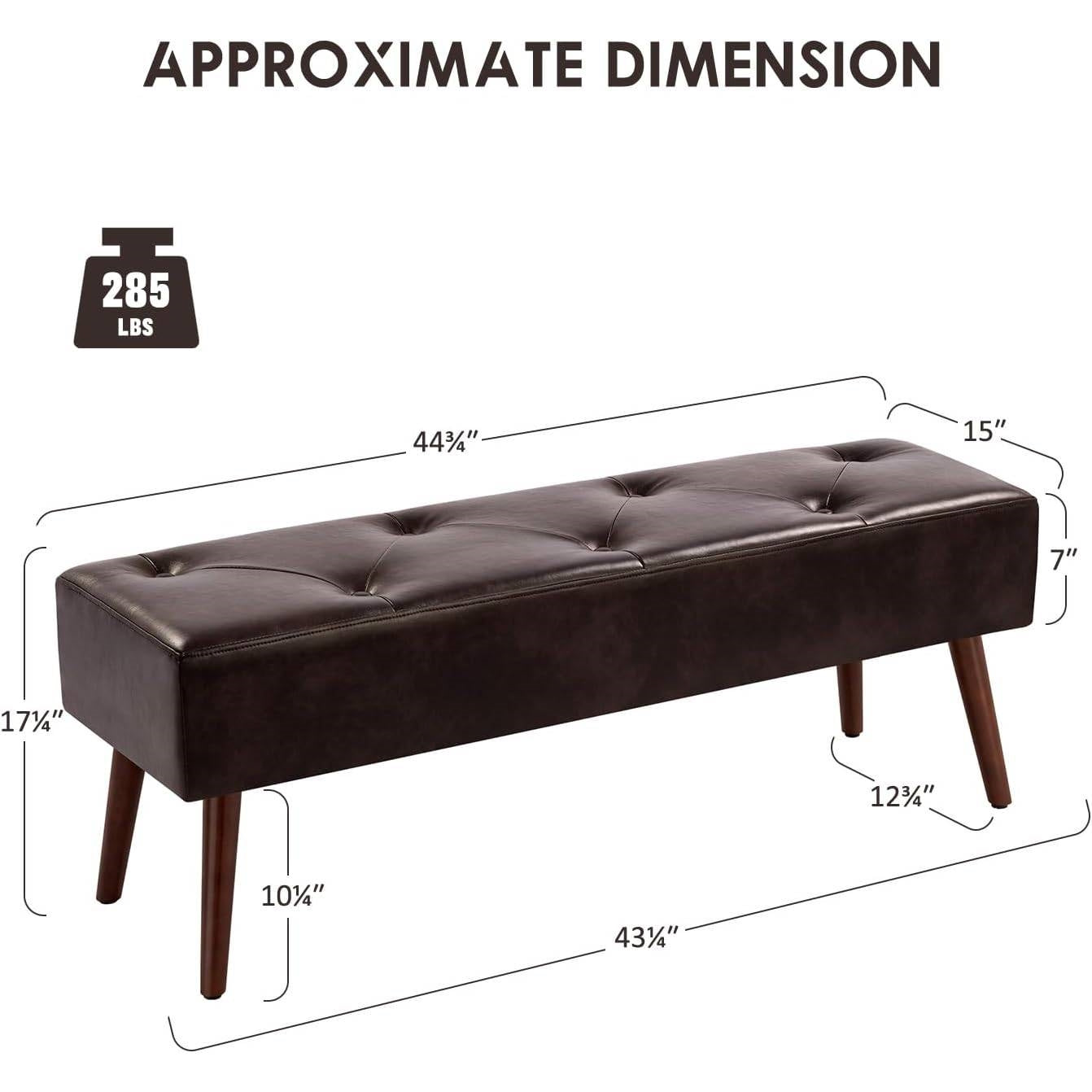 Mid-Century Bed Bench with Dark Brown Leather Upholstered Seat Solid Wood Legs, dimensions labeled, supports 285 lbs
