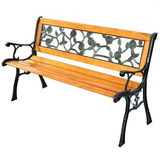 Flowers Outdoor Patio Park Cast Iron Garden Porch Chair Bench with floral design and reinforced structure.