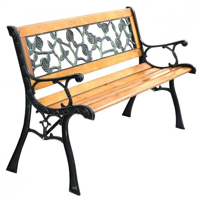 Flowers Outdoor Patio Park Cast Iron Garden Porch Chair Bench with floral design and sturdy wooden slats for two.