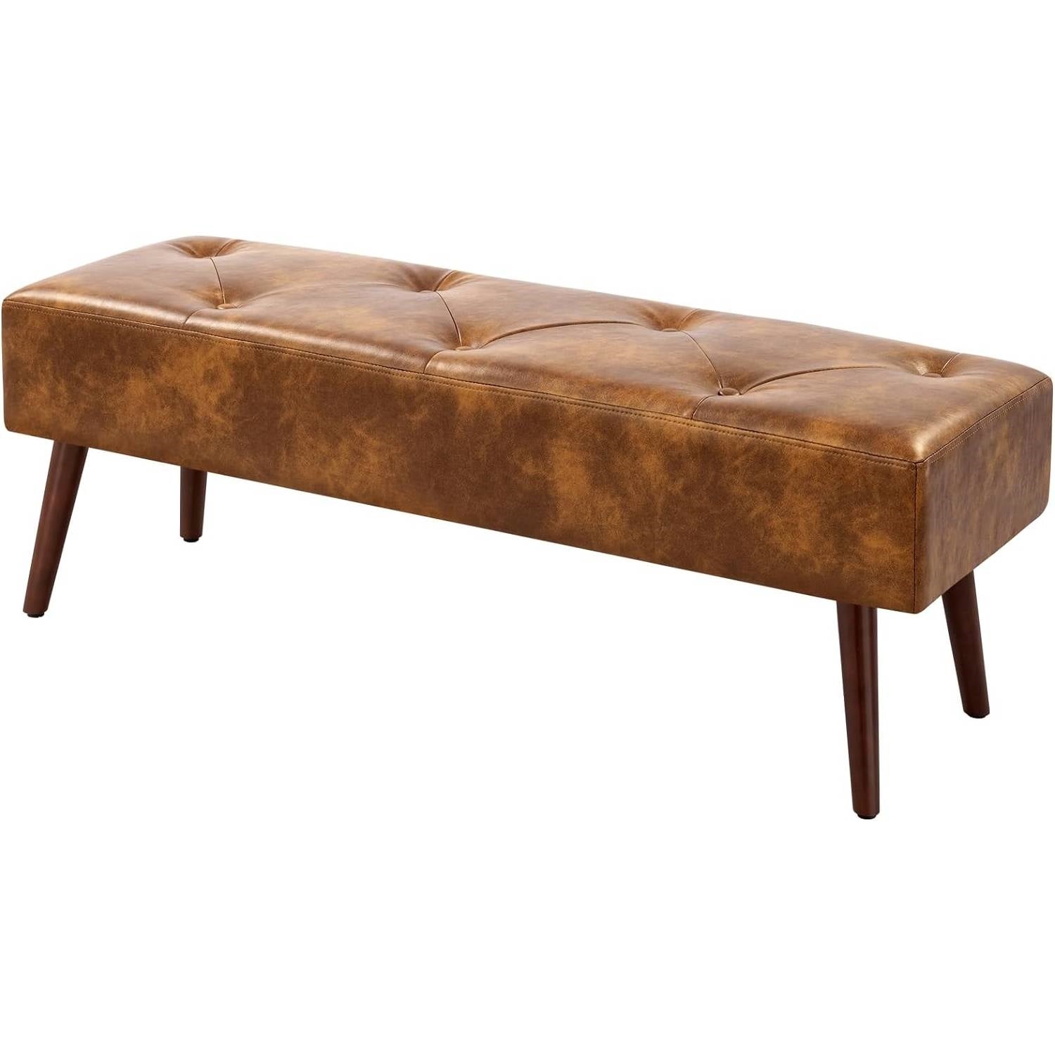 Mid-Century End of Bed Bench with Brown Leather Upholstered Seat Solid Wood Legs for stylish bedroom decor