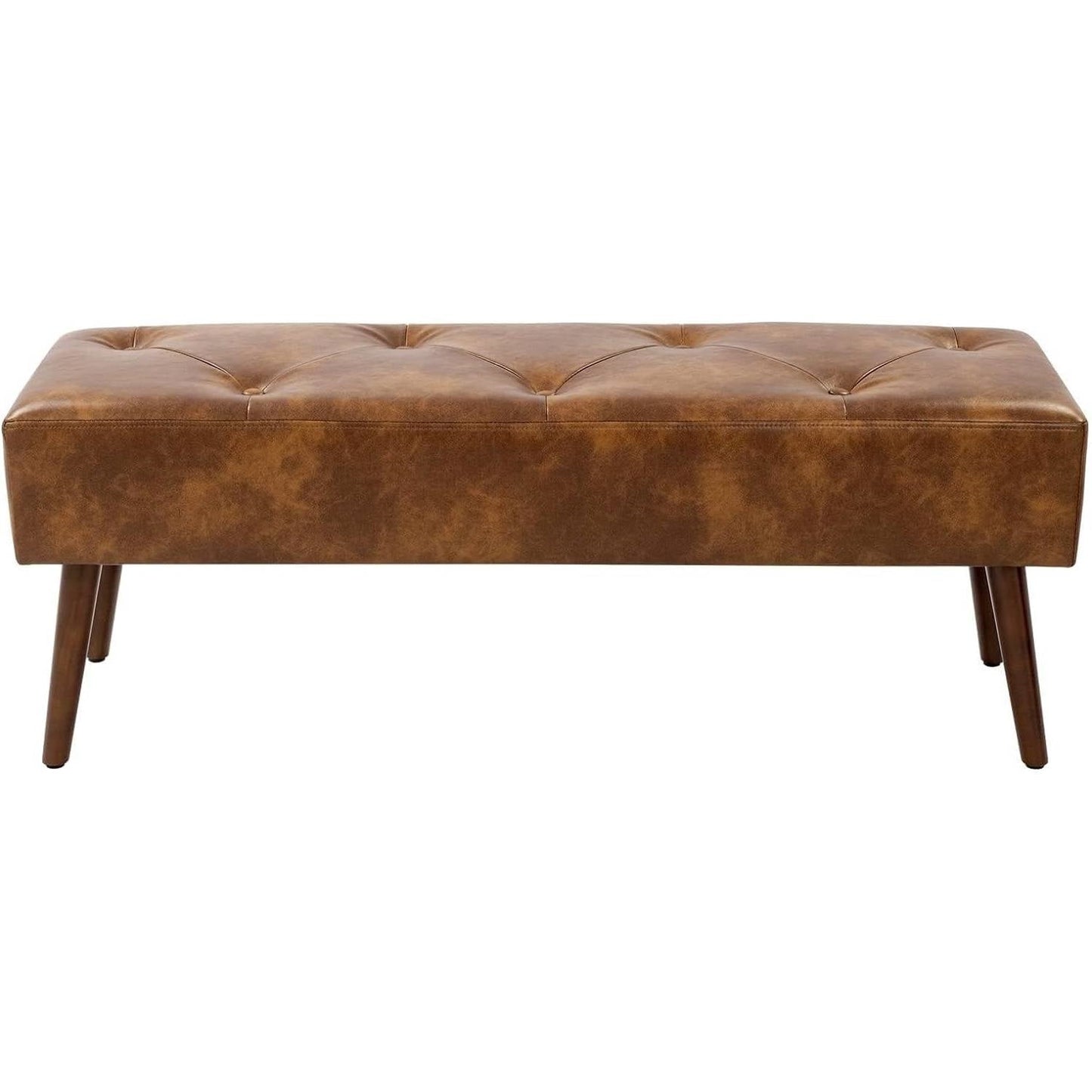 Mid-Century End of Bed Bench with Brown Leather Upholstered Seat Solid Wood Legs for bedroom decor and comfort.