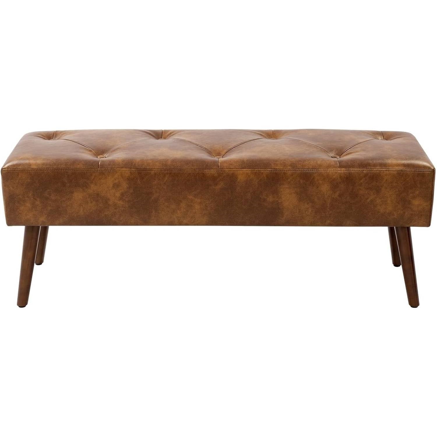 Mid-Century End of Bed Bench with Brown Leather Upholstered Seat Solid Wood Legs for bedroom decor and comfort.