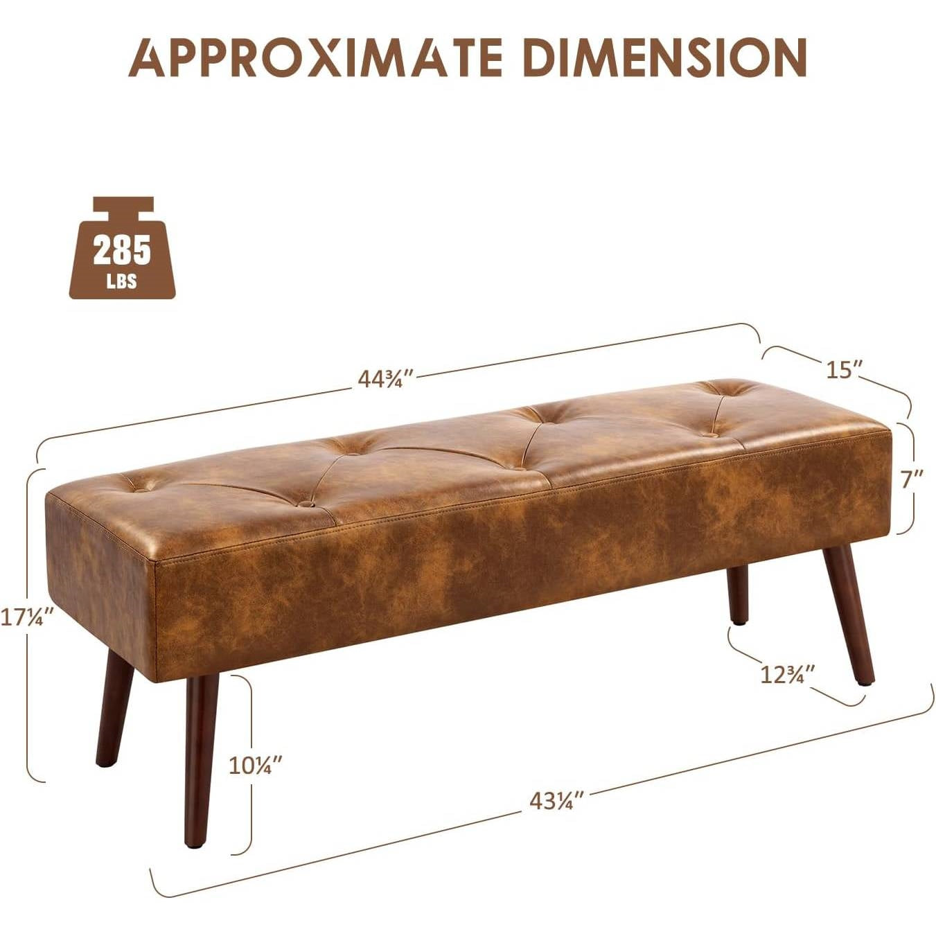 Mid-Century End of Bed Bench with Brown Leather Upholstered Seat Solid Wood Legs - dimensions and maximum weight