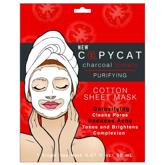 Packaging of CHARCOAL / TOMATO SINGLE MASK FM1, purifying cotton mask for detoxifying, reducing acne, and brightening skin tone.