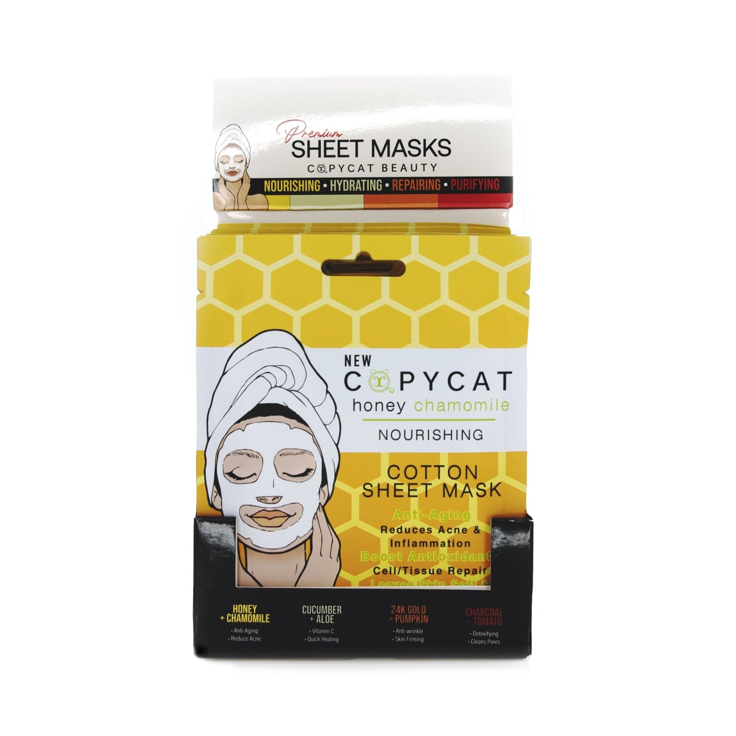 HONEY / CHAMOMILE DISPLAY 24 PCS- FM2DISPLAY - Cotton sheet mask packaging with honeycomb design.