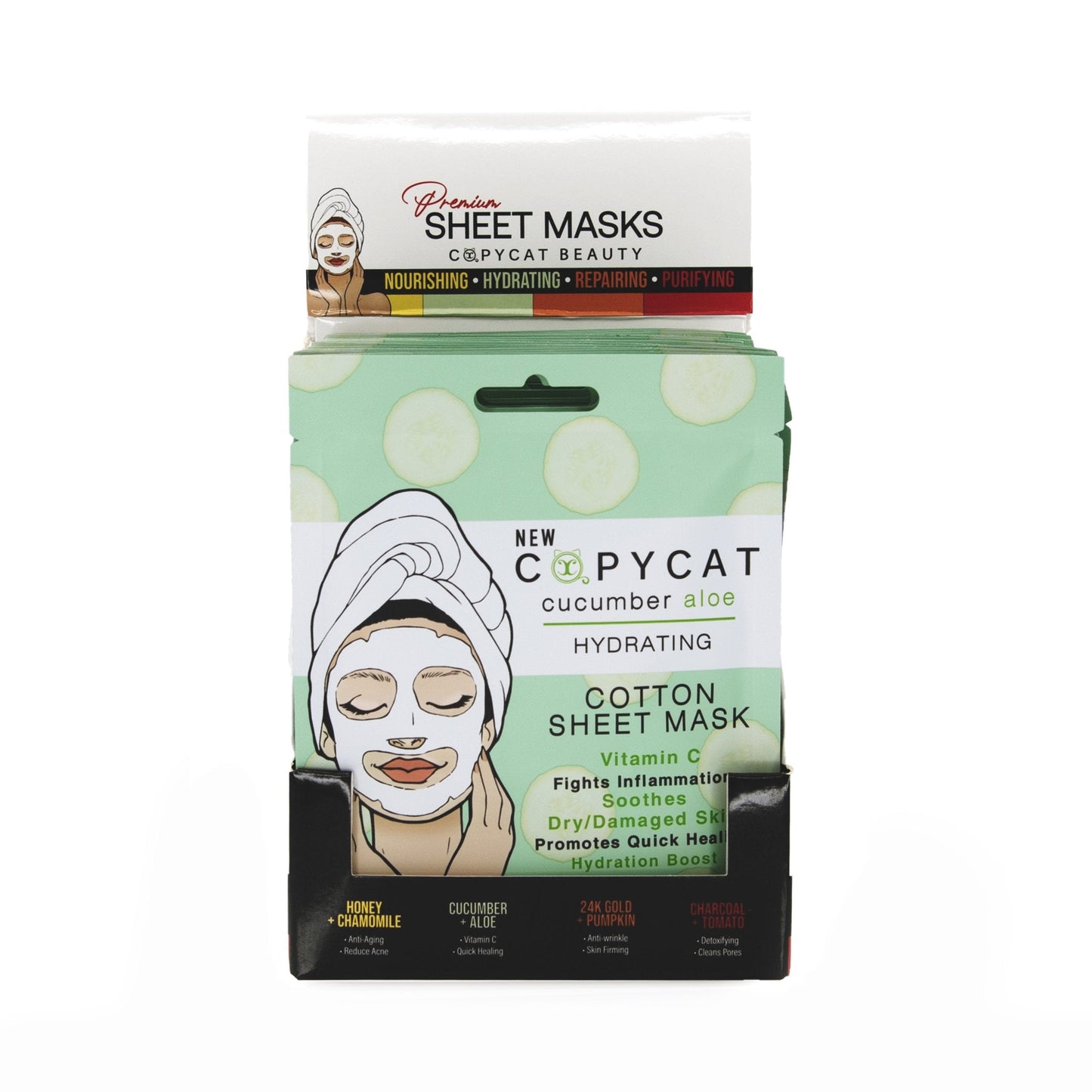 CUCUMBER / ALOE DISPLAY 24 PCS - FM3DISPLAY sheet masks with vitamin C for hydration and calming irritated skin in retail packaging.
