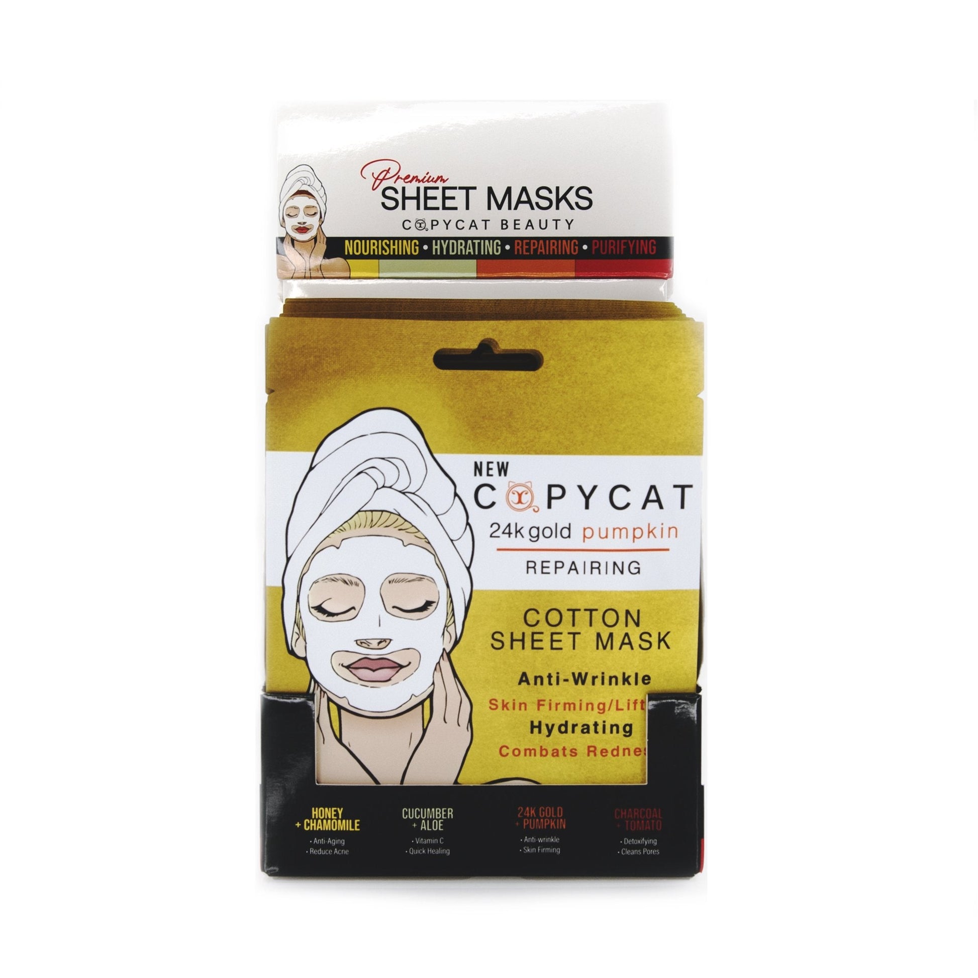 24K GOLD / PUMPKIN DISPLAY 24 PCS - FM4DISPLAY sheet masks packaging promoting skin elasticity and hydration benefits.