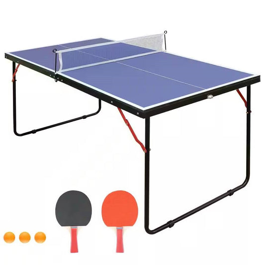 Folding 54-inch Blue Ping Pong Table Tennis Table Set with Net 2 and Paddles, featuring compact design with two paddles and balls