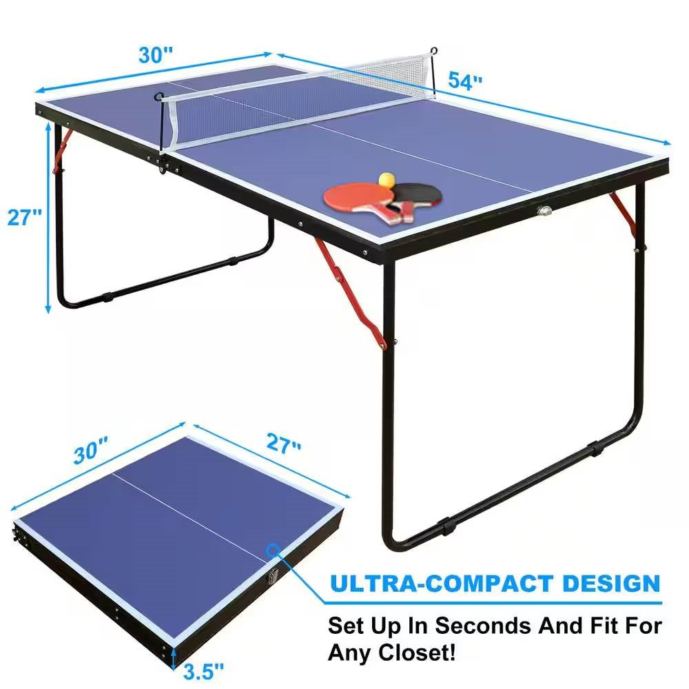 Folding 54-inch Blue Ping Pong Table Tennis Table Set with Net 2 and Paddles, compact and easy to store, shown in setup and folded view.
