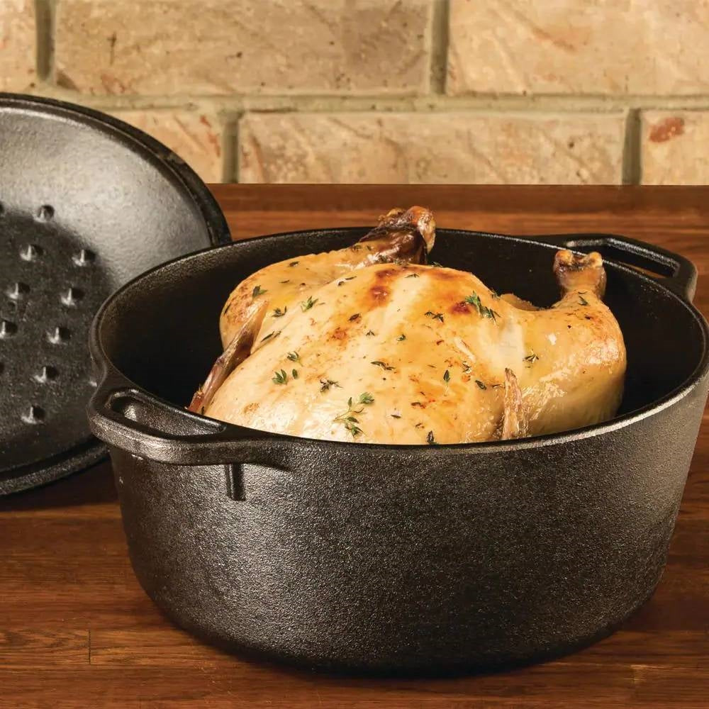 5-Quart Black Cast Iron Dutch Oven with Lid for Oven Stove Grill or Campfire cooking a roasted chicken