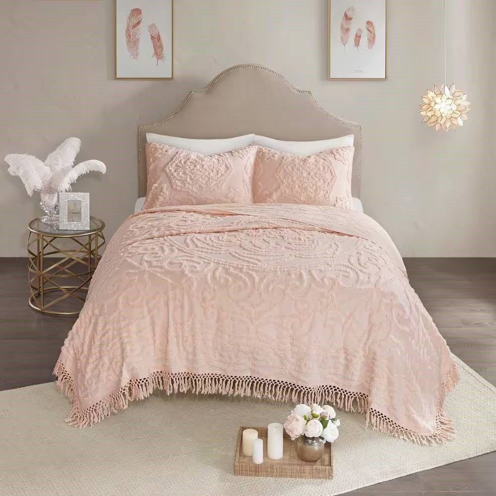 Full/Queen 100-Percent Cotton Chenille Bedspread with Fringe Hem in Pink Blush displayed on a bed with matching shams.