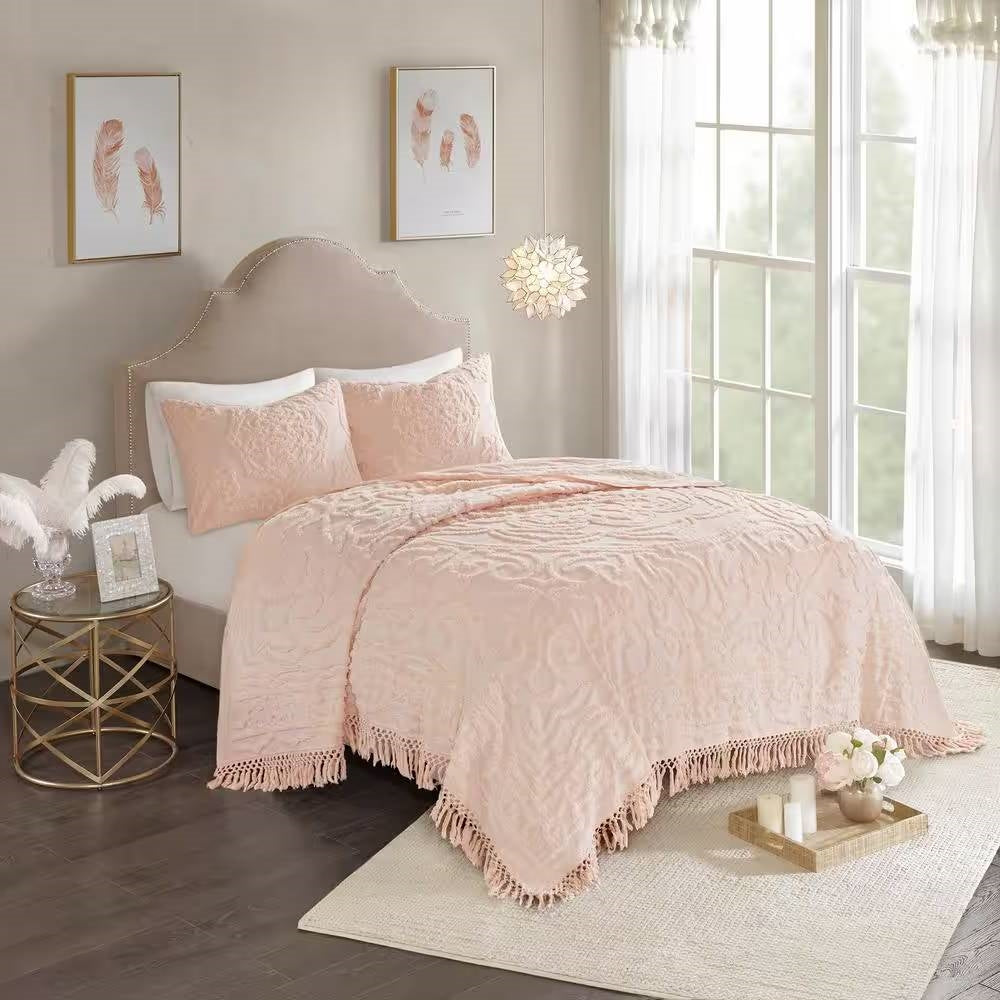 Full/Queen 100-Percent Cotton Chenille Bedspread with Fringe Hem in Pink Blush on a styled bedroom setting with matching shams.