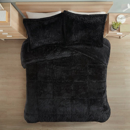 Full/Queen Black Soft Sherpa Faux Fur 3-Piece Comforter Set with Pillow Shams on a bed