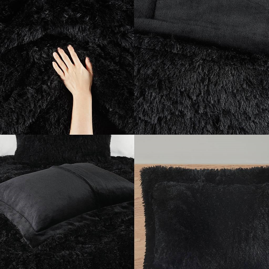 Full/Queen Black Soft Sherpa Faux Fur 3-Piece Comforter Set with Pillow Shams showcasing its plush texture and design.