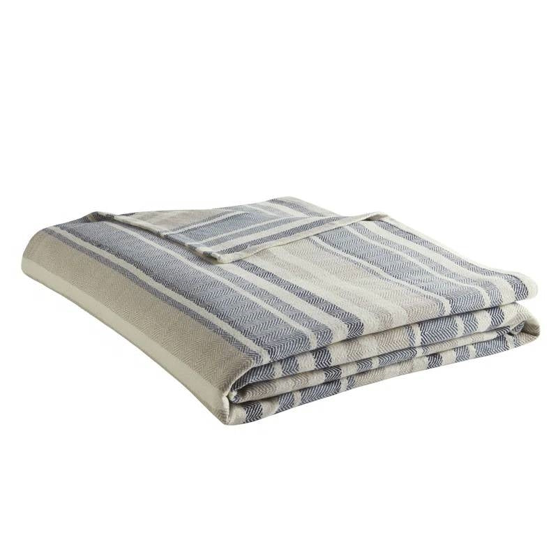 Full/Queen size Navy Blue Tan Cream Chevron Stripe Lightweight Cotton Blanket for modern style and comfort