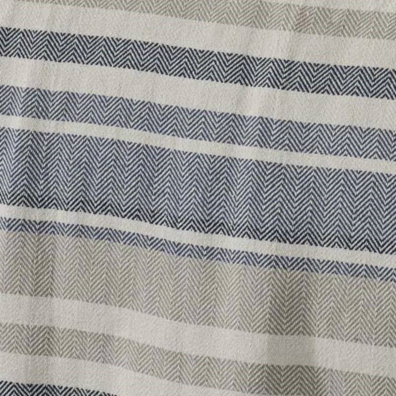 Full/Queen size Navy Blue Tan Cream Chevron Stripe Lightweight Cotton Blanket with knitted texture.