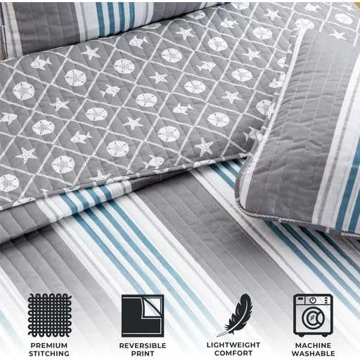 Full/Queen 3 Piece Coastal Starfish Sand Dollar Grey Blue White Quilt Set featuring reversible designs and premium stitching.