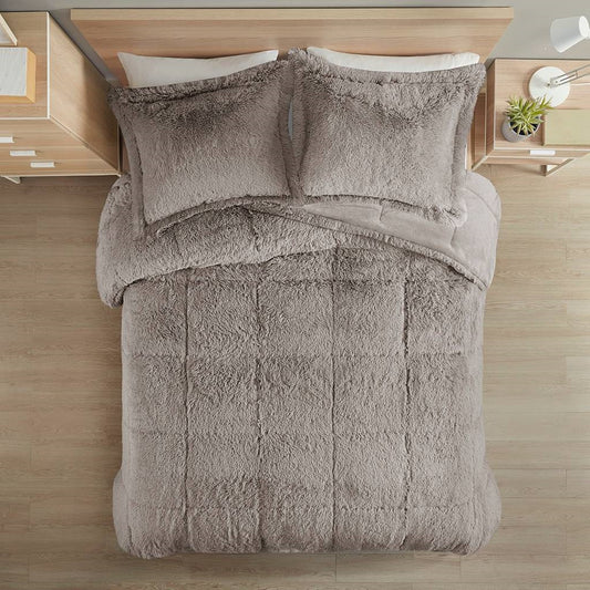 Full/Queen Grey Soft Sherpa Faux Fur 3-Piece Comforter Set with Pillow Shams on bed