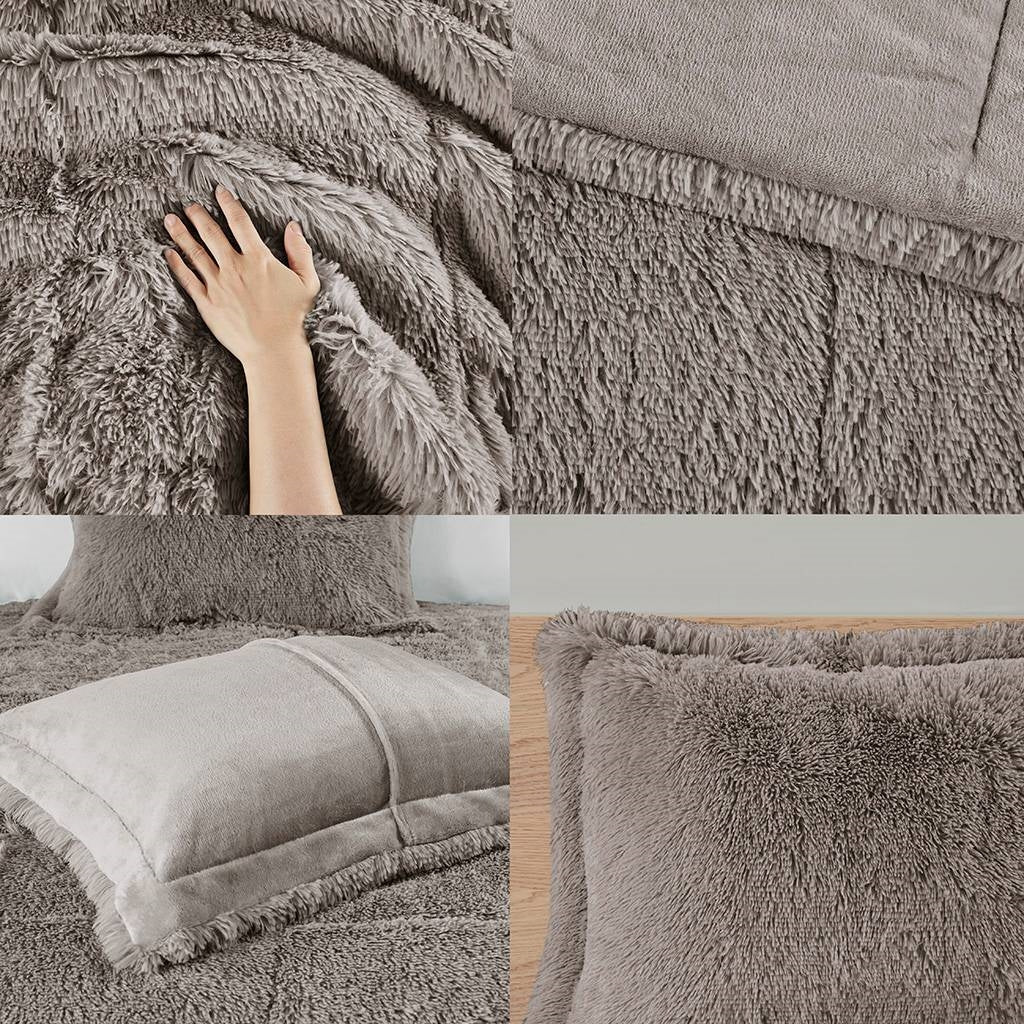 Soft texture of Full/Queen Grey Soft Sherpa Faux Fur 3-Piece Comforter Set with Pillow Shams highlighting plush details.