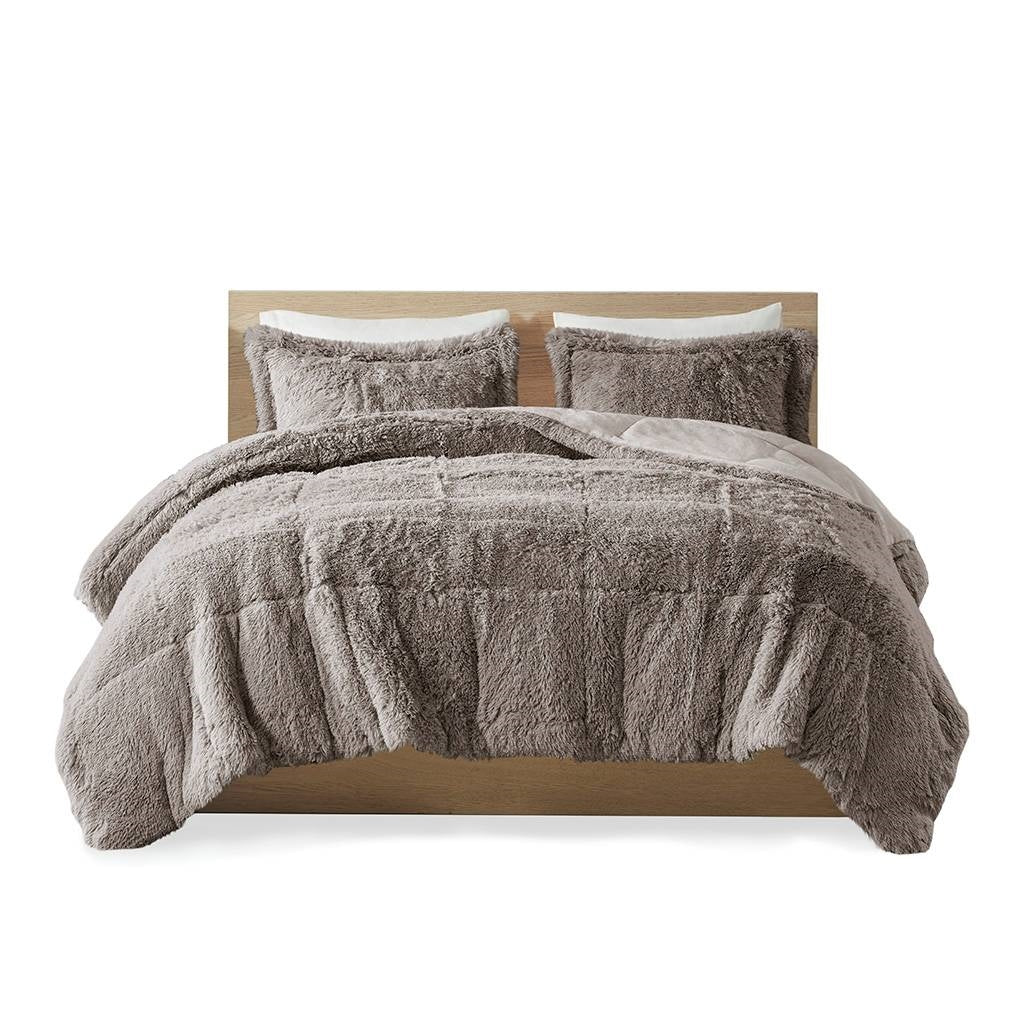 Full/Queen Grey Soft Sherpa Faux Fur 3-Piece Comforter Set with Pillow Shams displayed on a bed in a modern bedroom setting.