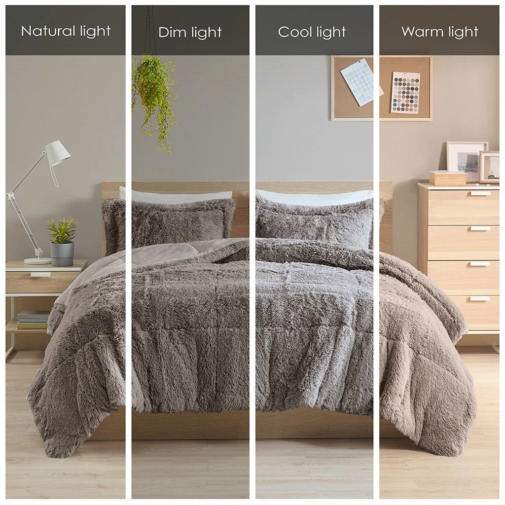 Full/Queen Grey Soft Sherpa Faux Fur 3-Piece Comforter Set with Pillow Shams displayed in various lighting settings.