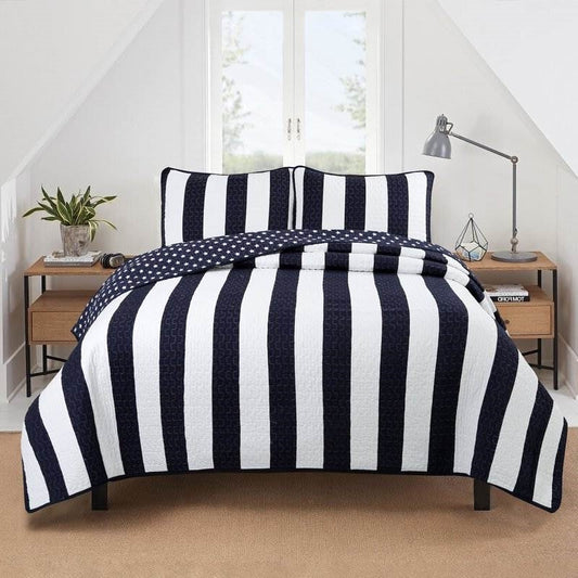 Full/Queen 3 Piece Navy Blue White Stars Stripes 100-Percent Cotton Quilt Set on bed in bright room