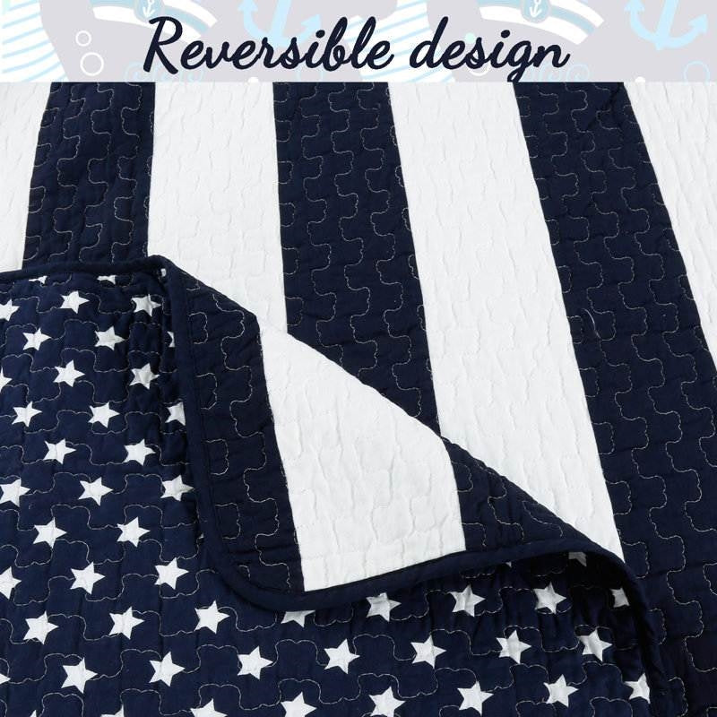 Full/Queen 3 Piece Navy Blue White Stars Stripes 100-Percent Cotton Quilt Set reversible design with stars and stripes pattern
