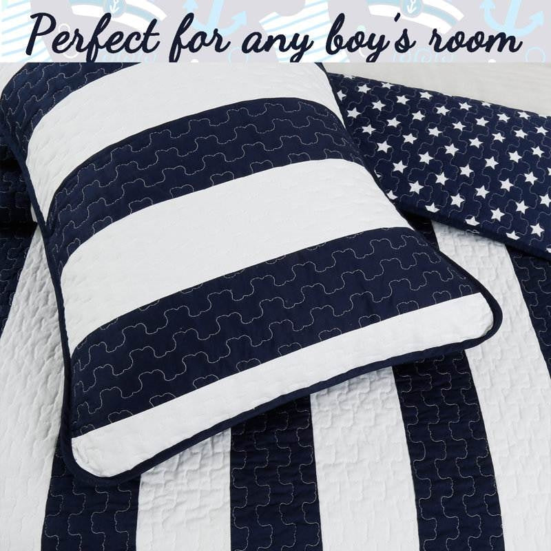 Full/Queen 3 Piece Navy Blue White Stars Stripes 100-Percent Cotton Quilt Set, featuring reversible pattern with stripes and stars