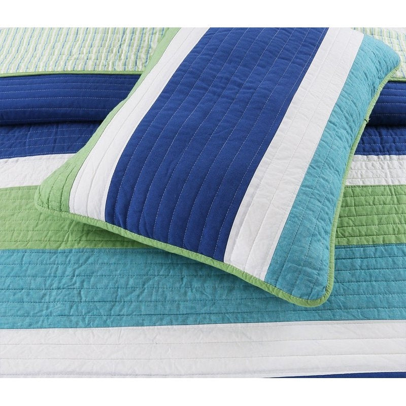 Full/Queen Navy Blue/Green/Teal/White Stripe 100-Percent Cotton Quilt Set with pillow detail